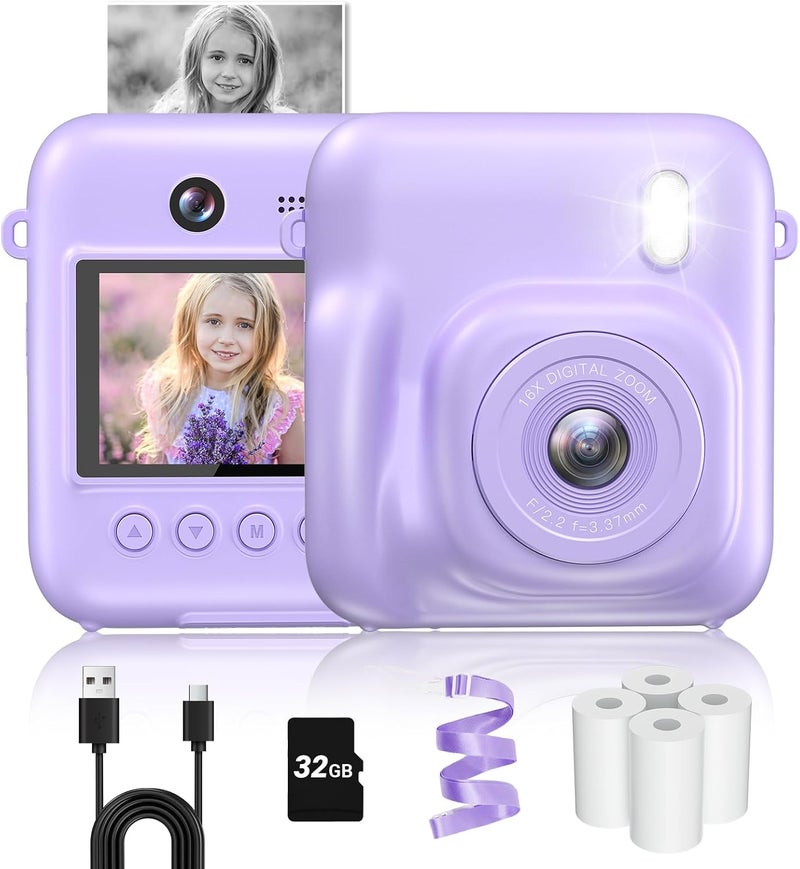 Fulealfly Kids Camera Instant Print for Girls Boys with Print Paper & 32GB Card, Age 3-12 Kids Toys Christmas Birthday Gifts(Purple) - Image 1